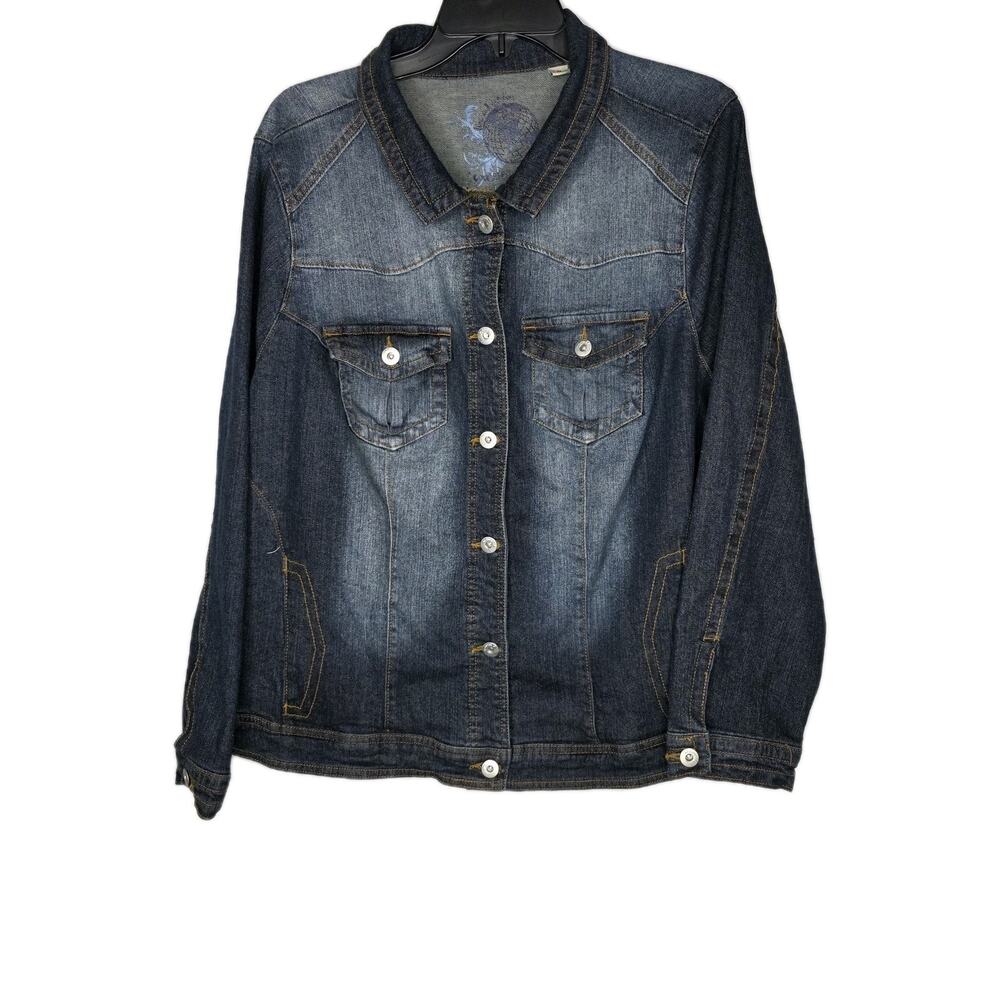 One World Womens 2X Blue Stretch Button Front Denim Jean Jacket Pockets